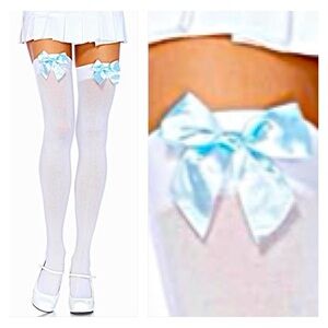 White Thigh-High Stockings with Blue Satin Bows!